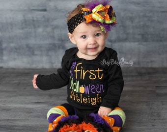 My First Halloween - Girls Halloween Outfit - Personalized Shirt - Leg Warmers - OTT - Feather Headband - Girls First Halloween Shirt