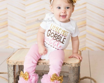 Girls Thanksgiving Outfit - Little Miss Gobble Gobble - Pink And Gold Thanksgiving Shirt Or Bodysuit - Turkey Day Outfit - Leg Warmers , Bow