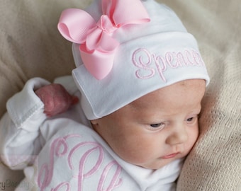 Newborn Girls Hospital Hat - Bow Hospital Hat- Monogrammed Hat - Baby Hat -Embroidered Personalized Hat - Custom Name - ANY COLORS - Pink