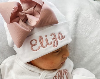 Dusty Pink - Newborn Girls Hospital Hat - Bow Hospital Hat- Monogrammed - Baby Hat -Embroidered Personalized Hat - Custom Name - ANY COLORS