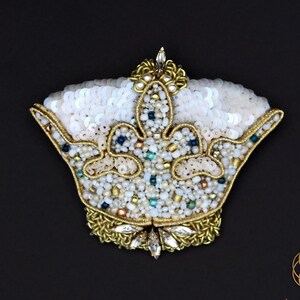 Haute Couture Royal Brooch. Embroidered Sequin Crown Brooch, Pin.