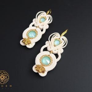 White Gold Green Soutache Earrings. Bridesmaid Lace Jewelry.
