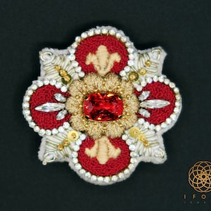 Royal Brooch. Haute Couture Brooch. Embroidered Sequin Order Pin. Swarovski Statement Brooch. Gold and Red Brooch.