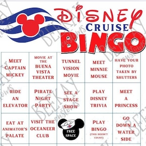 Könnte beinhalten: Eine rot-weiß-blaue Disney Cruise Bingo-Karte mit einem Mickey Mouse-Kopf in der oberen linken Ecke. Die Karte hat 25 Felder mit Aktivitäten, die man auf einer Disney Cruise machen kann, wie z. B. "Treffen Sie Captain Mickey", "Film im Buena Vista Theater", "Tunnel Vision Film", "Treffen Sie Minnie Mouse", "Lassen Sie Ihr Foto von Rollläden machen", "Fahren Sie mit einem Aufzug", "Piraten-Nacht-Party", "Sehen Sie eine Bühnenshow", "Spielen Sie Disney Trivia", "Treffen Sie eine Prinzessin", "Essen Sie im Animator's Palate", "Besuchen Sie den Oceaneer Club", "Spielen Sie Bingo (das zählt nicht)", "Rutschen Sie eine Wasserrutsche hinunter", "Segeln Sie zur Abschlussparty", "Essen Sie in den Cabanas", "Singen Sie Karaoke", "Einkaufen im Mickey's Mainsail", "Besuchen Sie die D Lounge", "Besuchen Sie Palo", "Treffen Sie Goofy", "Schwimmen Sie in einem Pool", "Bestellen Sie einen Zimmerservice", "Augen-Schrei-Leckereien".
