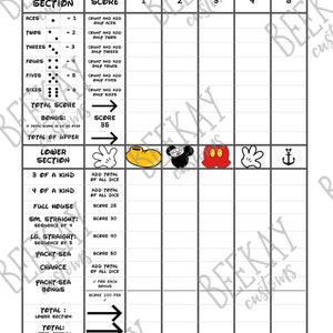 Mickey Cruise Line Yahtzee (Yacht-Sea) Hoja de juego Fish Extender para 5 jugadores PDF Descarga digital