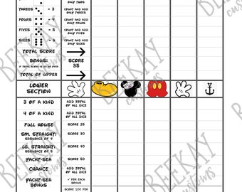 Mickey Cruise Line Yahtzee (Yacht-Sea) 5 Player Fish Extender Game Sheet PDF Digital Download