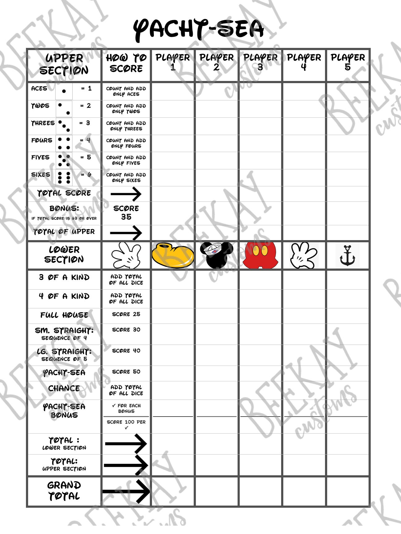 Mickey Cruise Line Yahtzee (Yacht-Sea) 5 Player Fish Extender Game Sheet PDF Digital Download