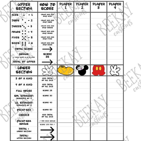 Mickey Cruise Line Yahtzee (Yacht-Sea) 4 Player Fish Extender Game Sheet PDF Digital Download