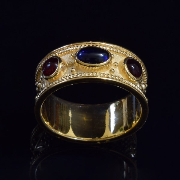 14k Gold Byzantine Ring, Blue Sapphire Byzantine Ring, 14K Gold Etruscan Ring, Multistone Ring, Ancient Greek Jewelry