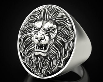 Silver Signet Lion Ring, King Lion Signet Ring, Leo Head Ring