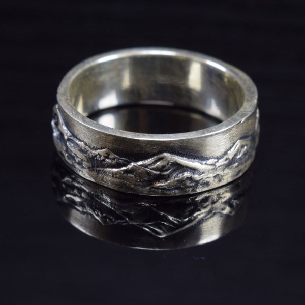 A Mountaineer's Wedding Band, Mountain Ring, Tall Mountain Peaks, Scenic Wedding Band