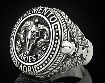 Aries Ring, Aries Zodiac Sign Ring, Zodiac Skull Ring, Aries Memento Mori Ring, Skull Signet Ring, Aries Sign Ring