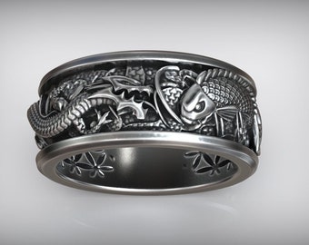 Carp and Dragon Silver Band, Coi Fish Ring, Dragon Ring, Japanese Carp Ring, Coi Carp and Dragon Japanese Motifs Handmade Ring