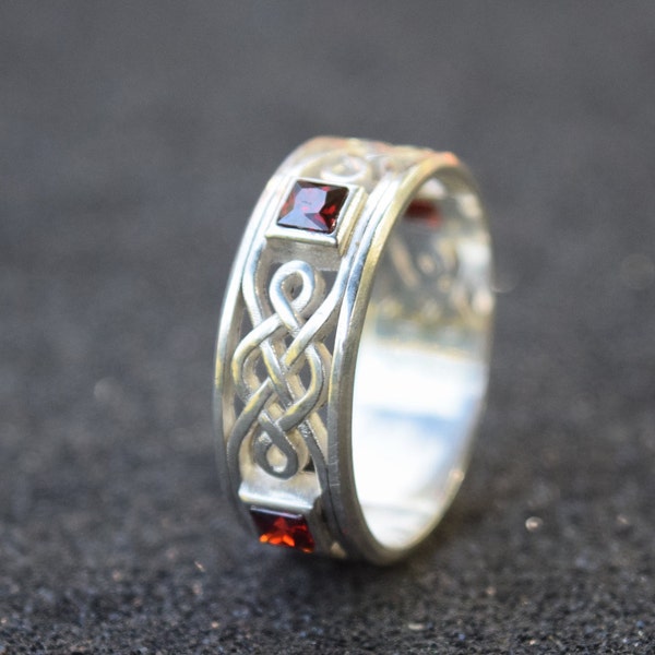 Celtic Wedding Band Ring, Red Garnet Ring, Celtic Knot Ring, His and Hers Rings