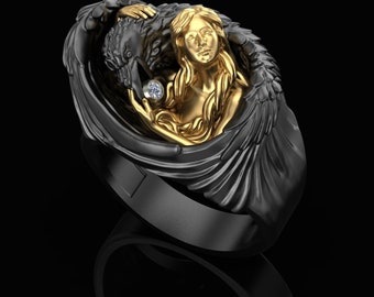 Raven Ring, Sterling Silver Crow Ring, Ring with a Raven Protecting a Girl, Two Tone Ring