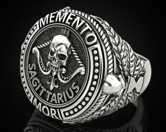 Bague Sagittaire, bague signe du zodiaque Sagittaire, bague tête de mort zodiaque, bague souvenir Mori Sagittaire, chevalière tête de mort, bague signe Sagittaire