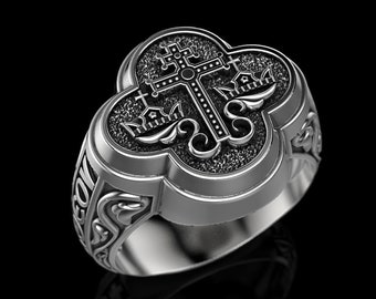 Bague de croix en argent byzantine, bague byzantine orthodoxe de mariage, ancienne chevalière orthodoxe byzantine pour homme en argent sterling