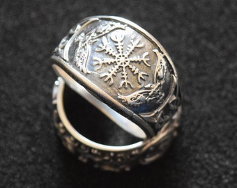 Runic Circle Helm of Awe Runic Compass Vegvisir Sterling Silver Mens Ring 