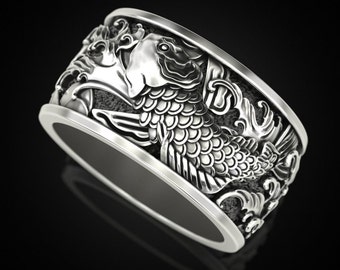 Bague deux carpes, bague poisson koi japonais, bague vagues de l'océan, grosse bague en argent