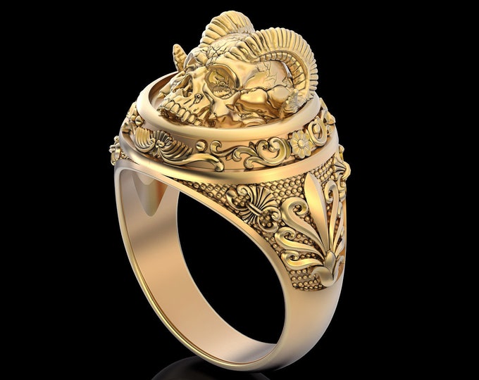 Horned Skull Ring, Gothic Satan Monster Ring, Sterling Silver Biker Ring, Gothic Jewelry