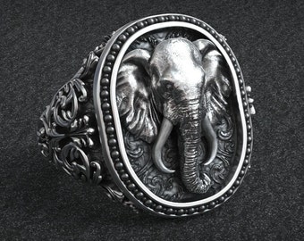Olifant geluksring, olifant hoofd Signet Ring, Sterling zilveren gotische ring, geluksring