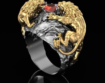 Black Rhodium and Gold Plated Ring, Two Lion Ring, Lions Ring, Gift For Him, Animal Ring
