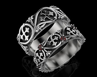 Set of Wedding Rings with Cross, Wedding Bands Set, His and Hers Rings