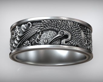 Japanese Crane Ring, Crane and Sun Ring, Japanese Bird Ring, Japanese Traditional Ornamental Ring