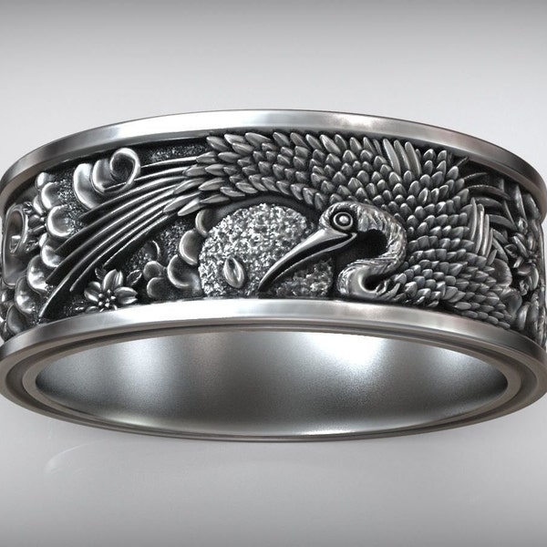 Bague grue japonaise, bague grue et soleil, bague oiseau japonais, bague ornementale traditionnelle japonaise