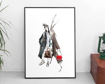 Mode illustratie, mode kunst aan de muur, mode kunst print, abstracte kunst print, grote kunst aan de muur, mode aquarel, canvas kunst aan de muur