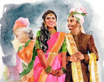 Indian Traditional Wedding Portrait, Couple Illustration, Couple Watercolor Portrait, Wedding Illustration, 1st Wedding Anniversary Gift
