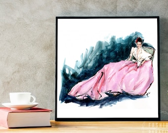 Lámina artística de moda en acuarela de Audrey, vestido rosa, impresión giclée.