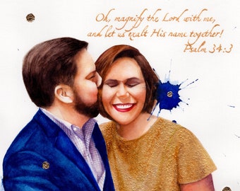 May include: A watercolor painting of a couple embracing. The man is wearing a blue suit jacket and the woman is wearing a gold top. The background is a white canvas with blue and gold splatters of paint. The text "Oh, magnify the Lord with me, and let us exalt His name together! Psalm 34:3" is written in cursive at the top of the painting.