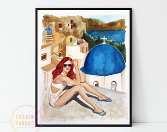 サントリーニ島オリジナル水彩画ギリシャアート旅行スケッチby