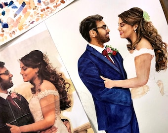 May include: A watercolor painting of a couple in wedding attire. The groom is wearing a blue suit with a red tie and the bride is wearing a white dress. They are looking at each other and smiling.