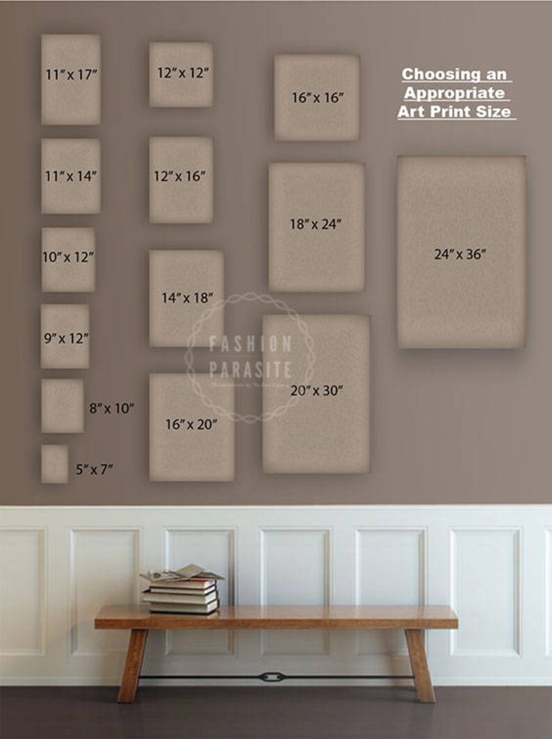 May include: A wall with a variety of different sized rectangular frames, each with a different measurement in inches. The frames are arranged in a grid pattern. The text "Choosing an Appropriate Art Print Size" is at the top right of the image.