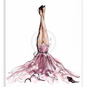May include: A watercolour illustration of a woman in a pink gown with her legs in the air. She is wearing black heels and the gown is flowing around her.