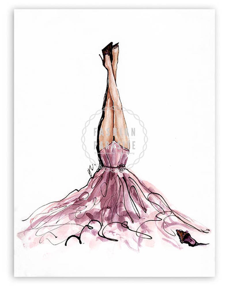 May include: A watercolour illustration of a woman in a pink gown with her legs in the air. She is wearing black heels and the gown is flowing around her.