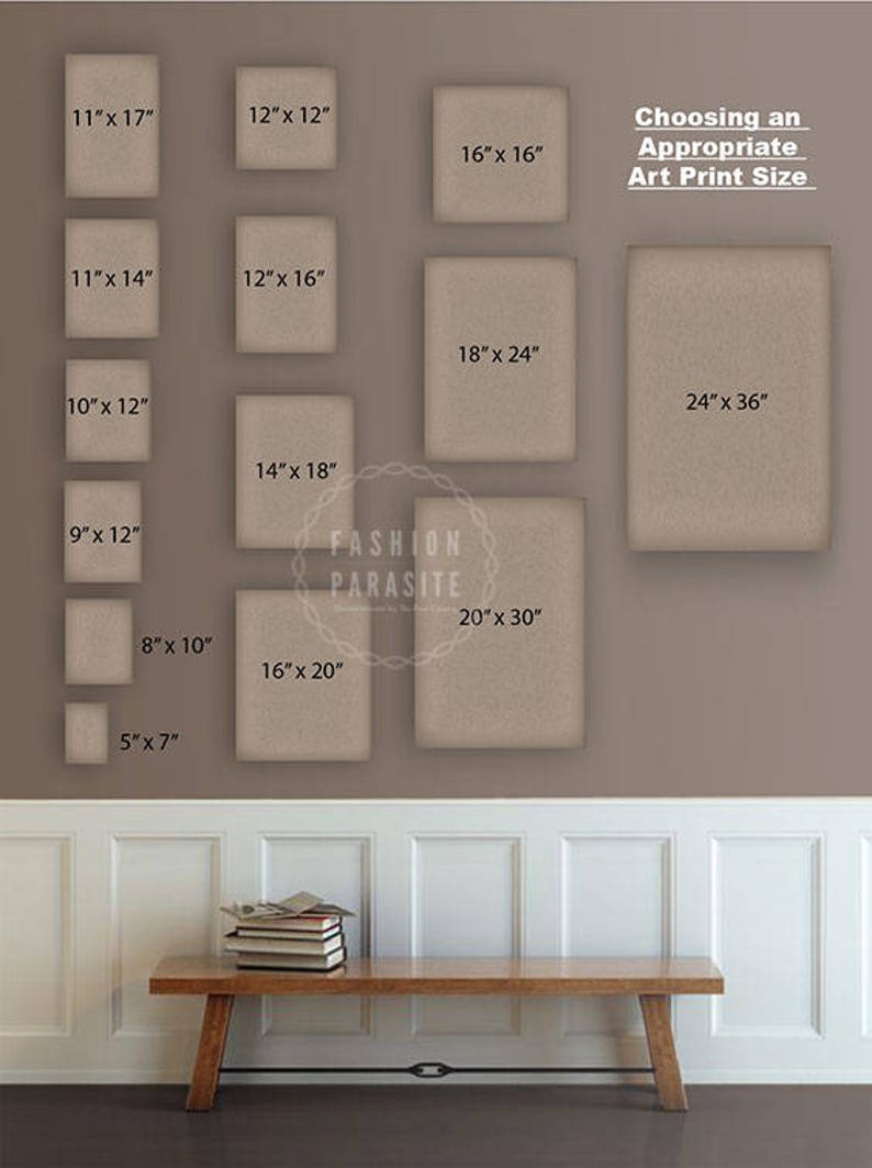 Puede incluir: Una pared con una variedad de marcos rectangulares de diferentes tama&ntilde;os, cada uno con una medida diferente en pulgadas. Los marcos est&aacute;n dispuestos en una cuadr&iacute;cula. La pared es de color marr&oacute;n claro. Los marcos est&aacute;n todos vac&iacute;os. El texto "Choosing an Appropriate Art Print Size" est&aacute; en la parte superior de la pared. El texto "FASHION PARASITE" est&aacute; en el medio de la pared.