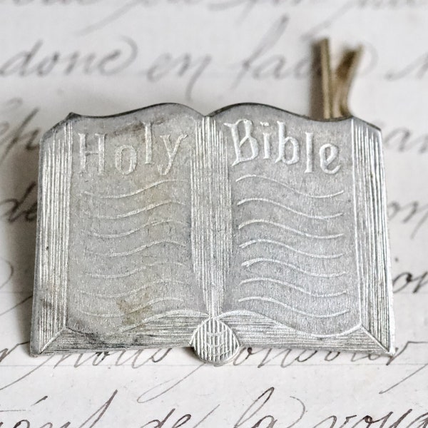 Holy Bible Buttonhole Badge signed Mitchelson Cap Badge, Silver Tone Miniature Open Book Plaque - Vintage Oxidised Jewellery Making Supplies