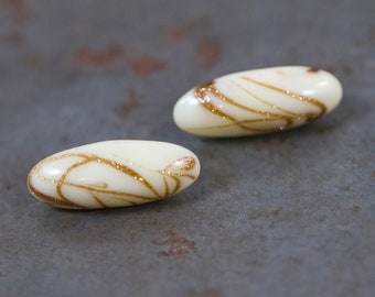 Art Deco Beige Glass Buttons – Oval Gold Drizzle, Copper Shank