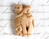 Carved Ox Bone Japanese Netsuke - Monkey on A Horse Pony - Vintage Bovine Bone Large Bead