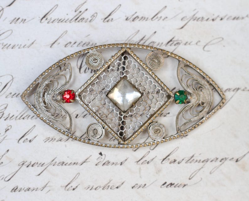 Slide Filigree 1920s Art Deco Filigree Slide Buckle – Red & Green Paste Stones - Etsy