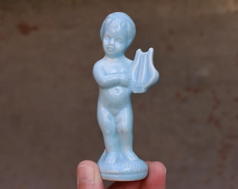 Vintage Sky Blue Porcelain Cherub Figurine – Harp Ornament, Boho Decor