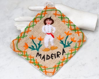Vintage Madeira Embroidered Pot Holder – Folk Art Textile Wall Hanging
