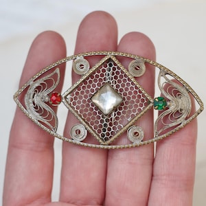 1920s Art deco Slide Buckle - Oval Filigree with Red and Green Paste Stones and Patina - Antique Vintage Couture Supplies