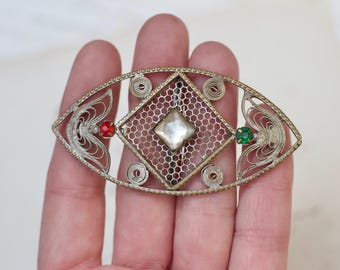 1920s Art Deco Filigree Slide Buckle – Red & Green Paste Stones