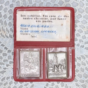 Saint Christopher Pocket Saint - Miniature Catholic Vintage Religious Tiny Icon Plaques in Wallet - Vintage Souvenir from Fatima Portugal