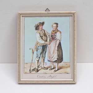 Canton Basel Swiss Couple in Traditional Costume - Framed Print by J. Reinhard - Wall Hanging Picture - Vintage Boho Home Decor