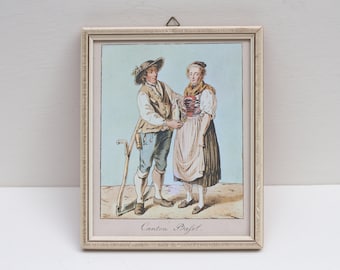 Canton Basel Swiss Couple in Traditional Costume - Framed Print by J. Reinhard - Wall Hanging Picture - Vintage Boho Home Decor